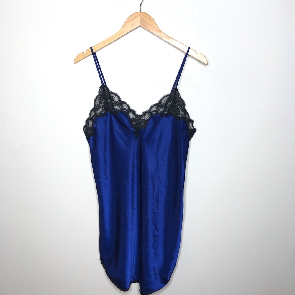 INTERLUDES Vtg Blue Satin Lace Chemise Slip Dress Medium